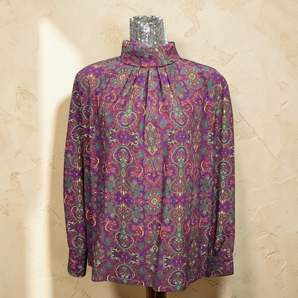 Vintage 80s Dark Academia Paisley Jewel Tone Pleated Mock Neck Blouse Retro XL‎